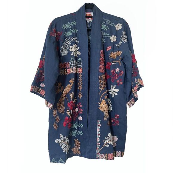 Johnny Was NEW Zuzu Linen Kimono Sz S Embroidered Navy Blue Boho - Picture 4 of 9